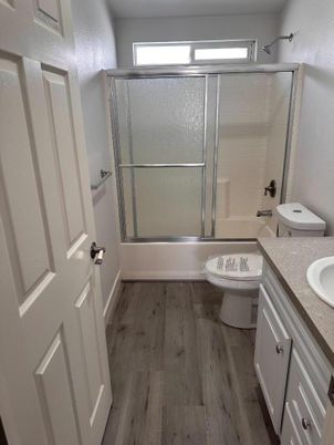Bathroom, Glass Shower, Interior, Wood Texture Flooring