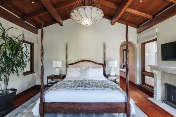 Bedroom, Fireplace, Interior, Wooden Beams, Wooden Ceilings, Wood Texture Flooring