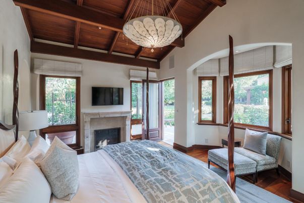 Bedroom, Fireplace, Interior, Wooden Beams, Wooden Ceilings, Wood Texture Flooring