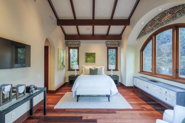 Bedroom, Interior, Recessed Lighting, Wooden Beams, Wood Texture Flooring