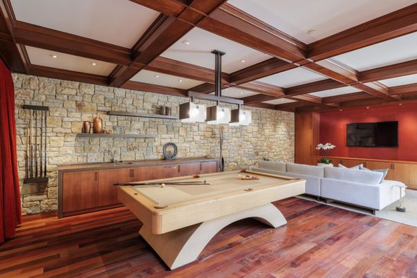 Billiard Table, Game Room, Interior, Living room, Recessed Lighting, Stone Walls, Wooden Beams, Wood Texture Flooring