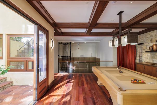 Billiard Table, Game Room, Interior, Pendant Lights, Recessed Lighting, Stone Walls, Wooden Beams, Wood Texture Flooring