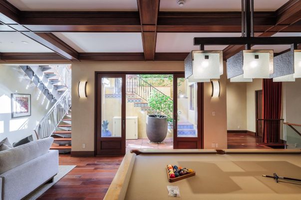 Billiard Table, Game Room, Interior, Wooden Beams, Wood Texture Flooring