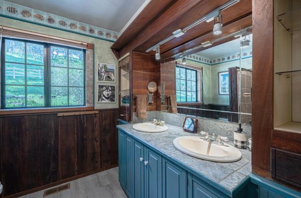 Bathroom, Dual Sink Vanities, Interior, Tile Countertops, Wood Texture Flooring