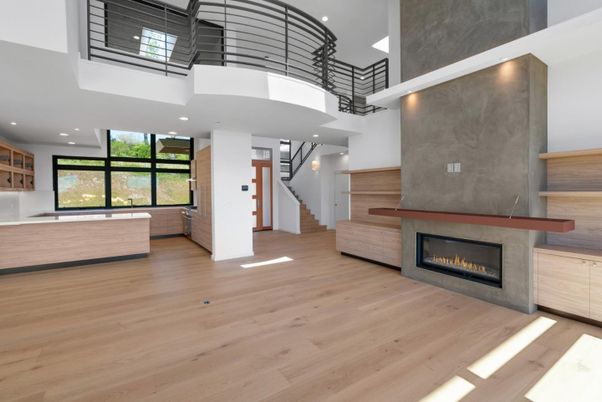 Fireplace, Interior, Recessed Lighting, Wood Texture Flooring