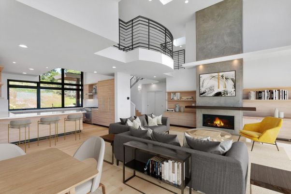 Fireplace, Interior, Living room, Recessed Lighting, Wood Texture Flooring