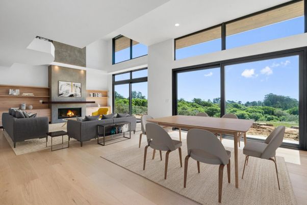 Dining room, Fireplace, Interior, Living room, Recessed Lighting, Wood Texture Flooring, Wooden Walls