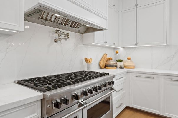 Interior, Kitchen, Marble Walls, Stainless Steel Appliances, Wood Texture Flooring