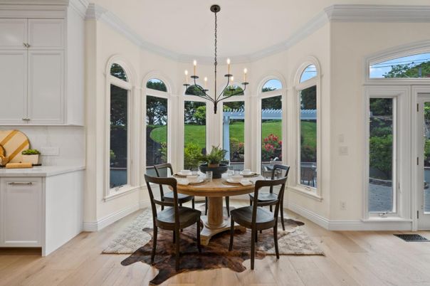 Dining room, Interior, Pendant Lights, Wood Texture Flooring