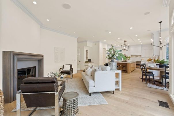 Dining room, Fireplace, Interior, Kitchen, Living room, Pendant Lights, Recessed Lighting, Wood Texture Flooring