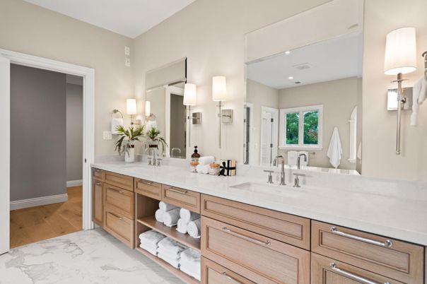 Bathroom, Dual Sink Vanities, Interior, Marble, Recessed Lighting, Wood Texture Flooring