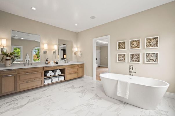 Bathroom, Dual Sink Vanities, Free Standing Baths, Interior, Marble, Recessed Lighting