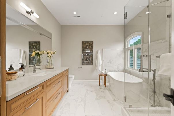 Bathroom, Dual Sink Vanities, Free Standing Baths, Glass Shower, Interior, Marble, Marble Walls, Recessed Lighting