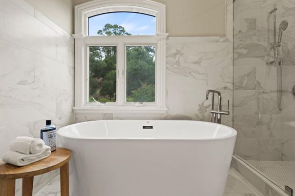 Bathroom, Free Standing Baths, Glass Shower, Interior, Marble, Marble Walls
