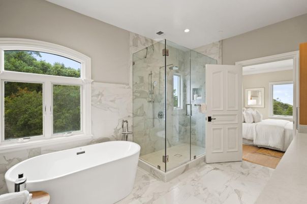 Bathroom, Free Standing Baths, Glass Shower, Interior, Marble, Marble Walls, Recessed Lighting