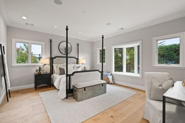 Bedroom, Interior, Pendant Lights, Recessed Lighting, Wood Texture Flooring