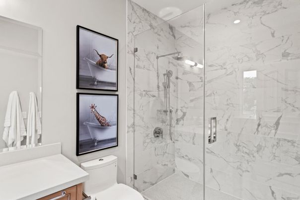 Bathroom, Glass Shower, Interior, Marble Walls, Recessed Lighting
