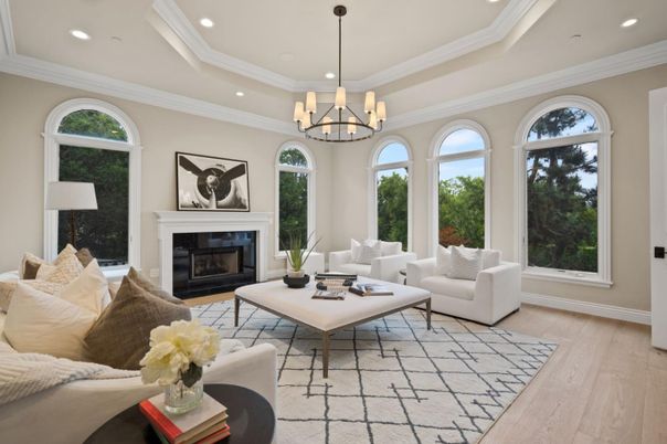 Chandelier, Fireplace, Interior, Living room, Recessed Lighting, Wood Texture Flooring