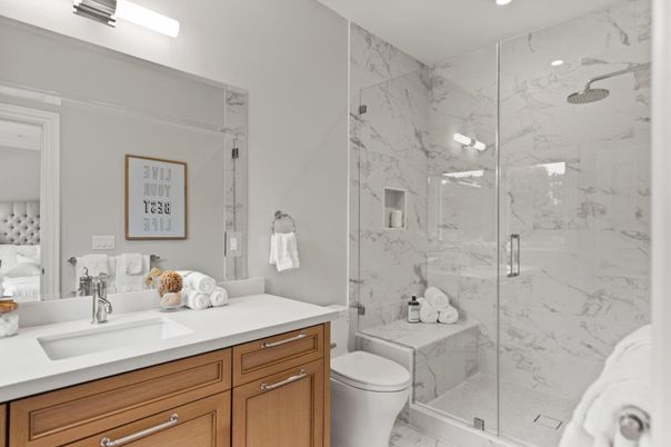 Bathroom, Glass Shower, Interior, Marble, Marble Walls, Recessed Lighting