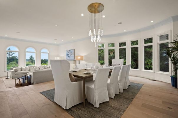 Dining room, Interior, Living room, Pendant Lights, Recessed Lighting, Wood Texture Flooring
