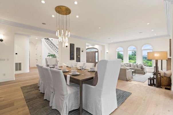 Dining room, Interior, Living room, Pendant Lights, Recessed Lighting, Wood Texture Flooring