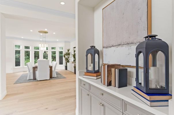 Dining room, Interior, Pendant Lights, Recessed Lighting, Wood Texture Flooring