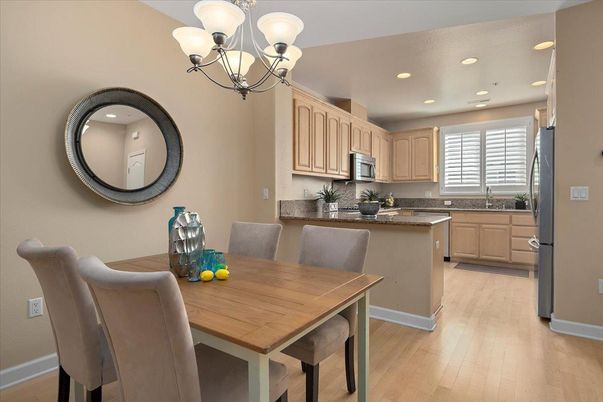 Chandelier, Dining room, Interior, Kitchen, Recessed Lighting, Wood Texture Flooring