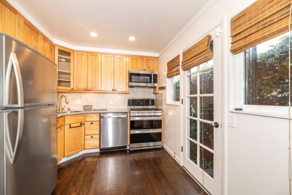 Interior, Kitchen, Recessed Lighting, Stainless Steel Appliances, Wood Texture Flooring