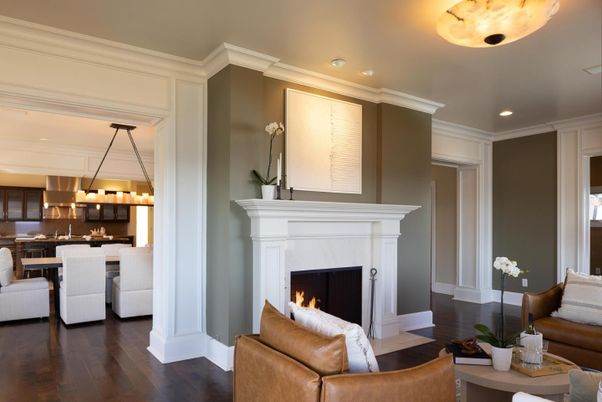 Dining room, Fireplace, Interior, Kitchen, Pendant Lights, Recessed Lighting, Wood Texture Flooring
