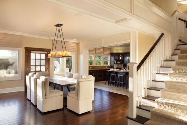 Dining room, Interior, Kitchen, Pendant Lights, Recessed Lighting, Wood Texture Flooring