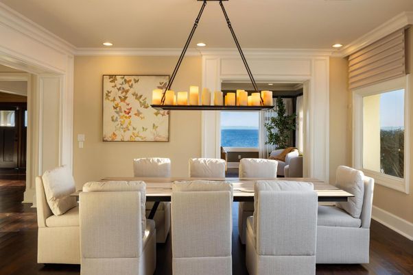 Chandelier, Dining room, Interior, Recessed Lighting, Water, Wood Texture Flooring