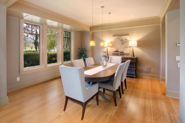 Dining room, Interior, Pendant Lights, Recessed Lighting, Wood Texture Flooring