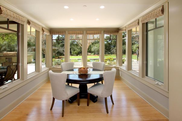 Dining room, Interior, Recessed Lighting, Sun Room, Wood Texture Flooring