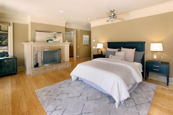 Bedroom, Fireplace, Interior, Recessed Lighting, Wood Texture Flooring