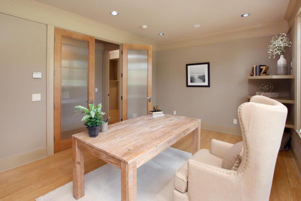 Home Office, Interior, Recessed Lighting, Wood Texture Flooring