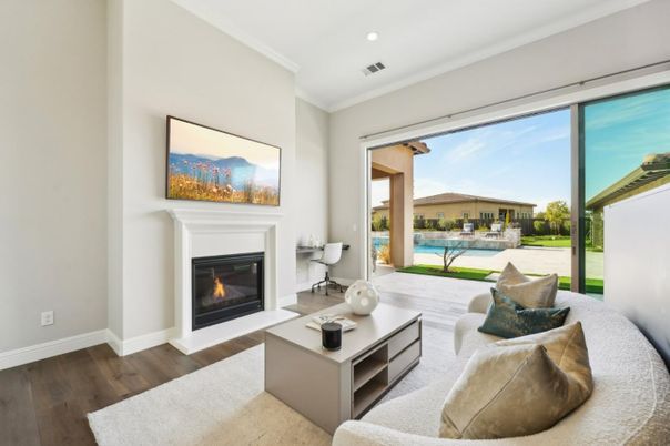 Fireplace, Interior, Living room, Recessed Lighting, Water, Wood Texture Flooring