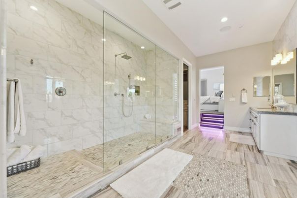Bathroom, Glass Shower, Interior, Marble Walls, Recessed Lighting, Wood Texture Flooring