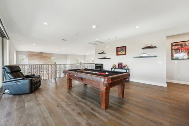 Billiard Table, Game Room, Interior, Recessed Lighting, Wood Texture Flooring