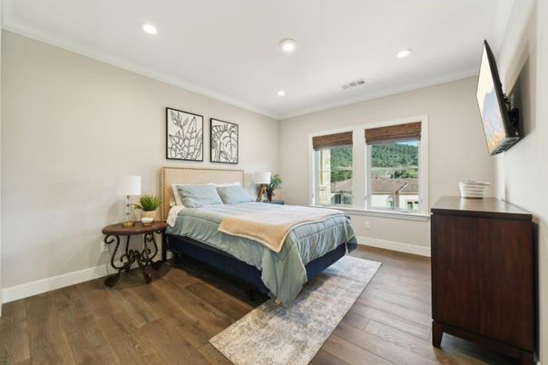Bedroom, Interior, Recessed Lighting, Wood Texture Flooring