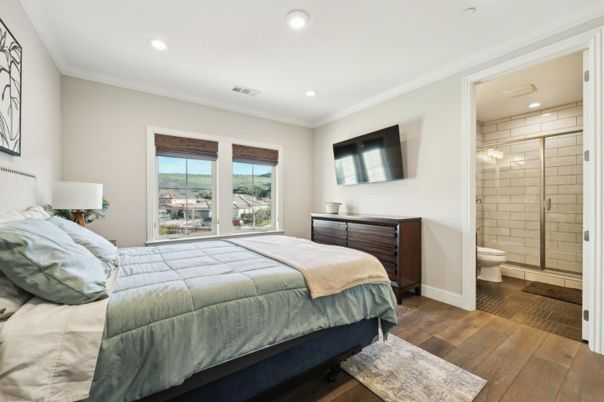 Bathroom, Bedroom, Glass Shower, Interior, Recessed Lighting, Wood Texture Flooring
