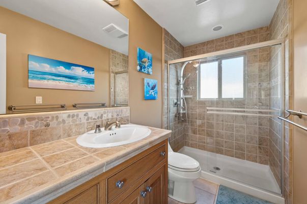 Bathroom, Glass Shower, Interior, Recessed Lighting, Tile Countertops