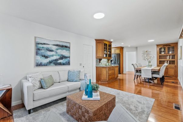 Dining room, Interior, Kitchen, Living room, Recessed Lighting, Stainless Steel Appliances, Wood Texture Flooring