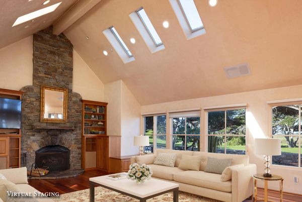 Fireplace, Interior, Living room, Recessed Lighting, Stone Walls, Wood Texture Flooring