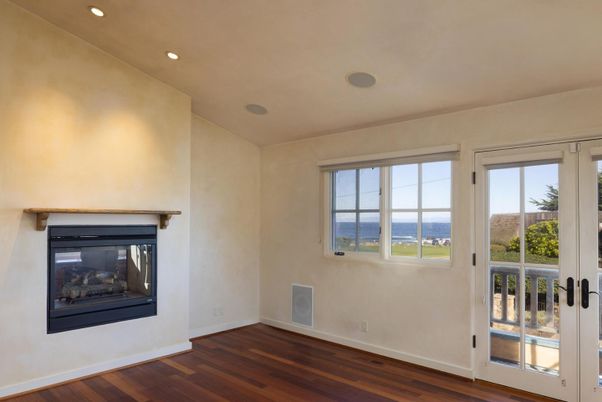 Empty room, Fireplace, Interior, Recessed Lighting, Wood Texture Flooring