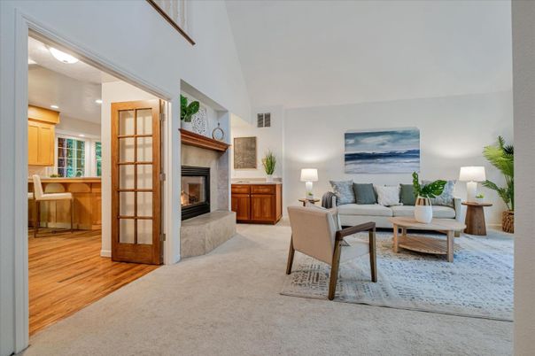 Fireplace, Interior, Living room, Recessed Lighting, Wood Texture Flooring