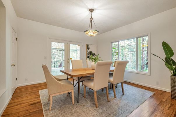Dining room, Interior, Pendant Lights, Wood Texture Flooring
