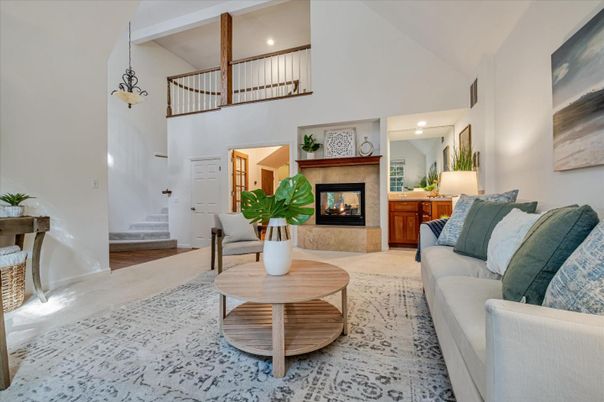 Fireplace, Interior, Living room, Pendant Lights, Recessed Lighting, Wood Texture Flooring