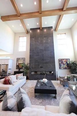 Fireplace, Interior, Living room, Marble Walls, Recessed Lighting, Wooden Beams