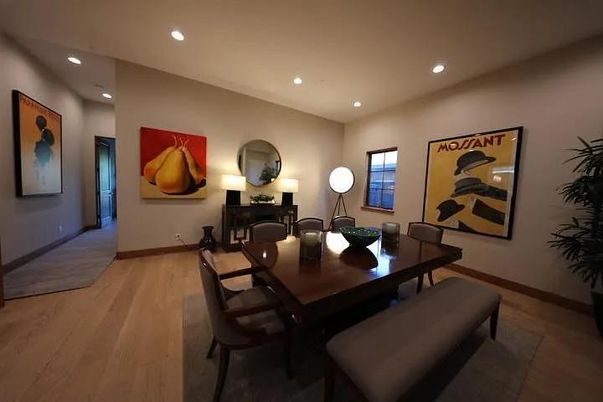 Dining room, Interior, Recessed Lighting, Wood Texture Flooring