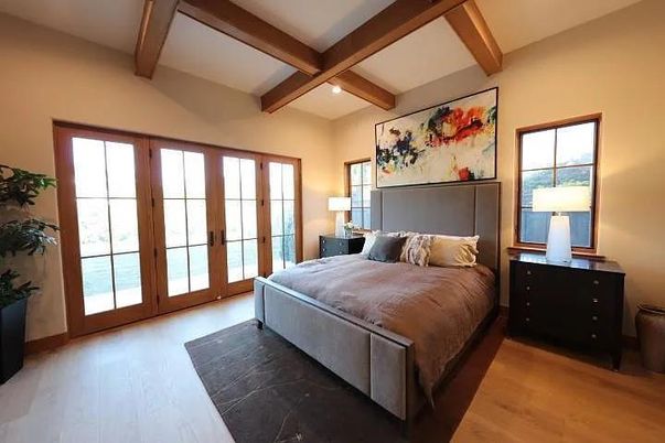 Bedroom, Interior, Recessed Lighting, Wooden Beams, Wood Texture Flooring